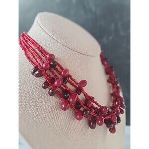 Red Multistrand Adjustable Beaded Necklace Vintage
